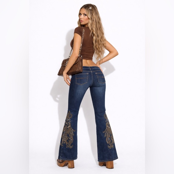 SOLID JEANS True Y2K Vintage Mid Rise Flare Stretch Denim Jeans Embroidered 1 - Picture 4 of 13